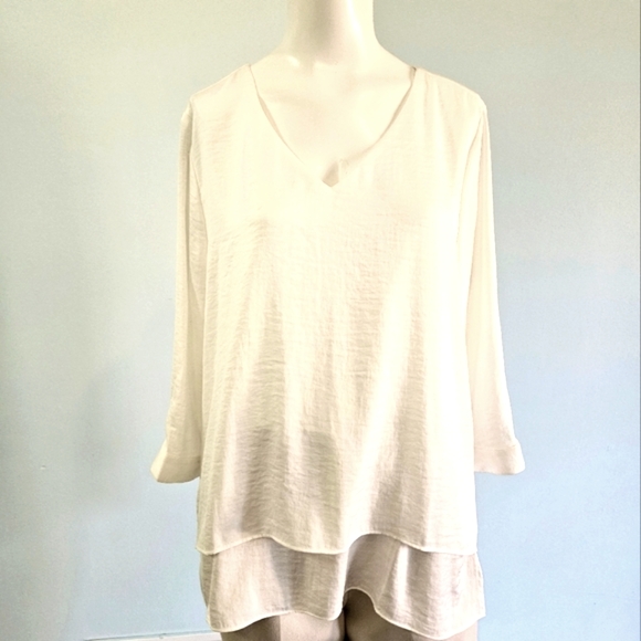 Chico's Womens Tunic Top Blouse Flowy Petal Back Cottagecore Hi Lo Soft White M - Picture 2 of 12